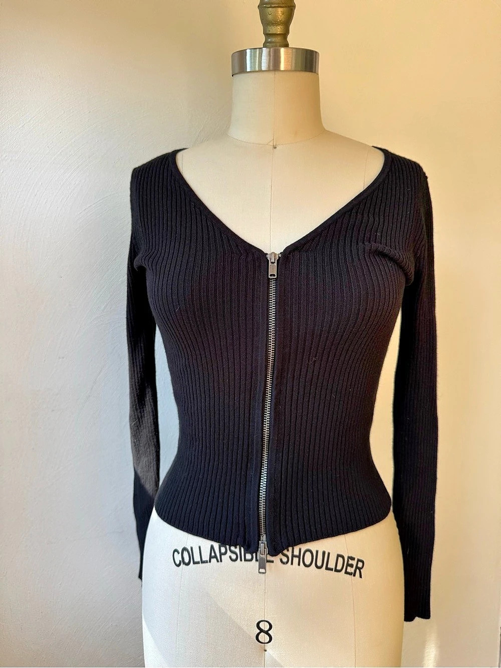 Open Edit Shrunken Zip Detail Cardigan Ribbed V-Neck Size